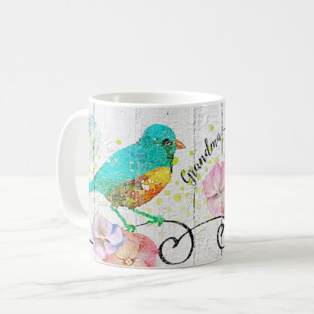 Bluebird Hydrangea Blommigt Grandma Quote Monogram Kaffemugg (Framsida vänster)