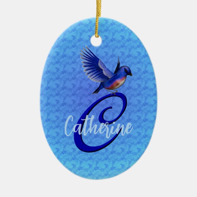 Bluebird Monogram Initial C Personalized Julgransprydnad Keramik (Framsidan)