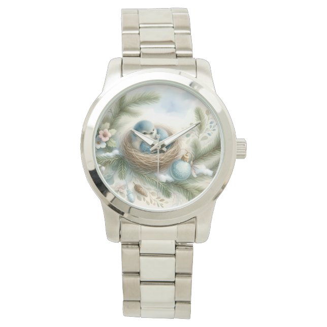 Bluebird Nest with Ornaments in Winter Pines Armbandsur (Framsida)