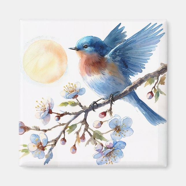 Bluebird on Blossom Branch Square Magnet (Framsidan)