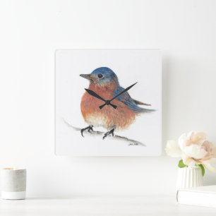 Bluebird Watercolor Fine Art Fyrkantig Klocka