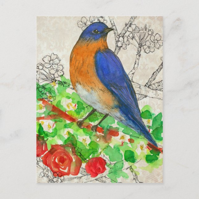 Bluebird Watercolor Röd ros Collage Vykort (Framsida)