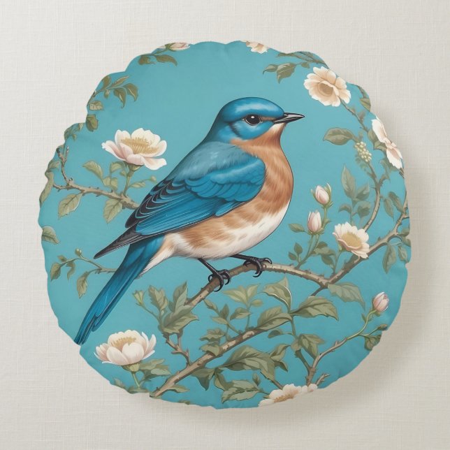 Bluebird William Morris Inspired Turqis Rund Kudde (Framsidan)