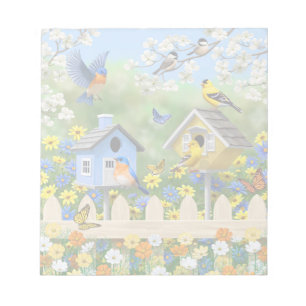 Bluebirds Goldfinches Birdhouse Blomsterträdgård Anteckningsblock