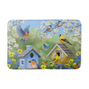 Bluebirds Goldfinches Birdhouse Blomsterträdgård Badrumsmatta