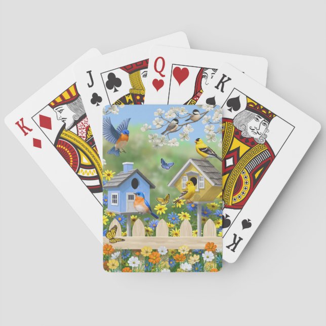 Bluebirds Goldfinches Birdhouse Blomsterträdgård Casinokort (Baksidan)