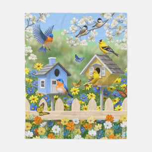 Bluebirds Goldfinches Birdhouse Blomsterträdgård Fleecefilt