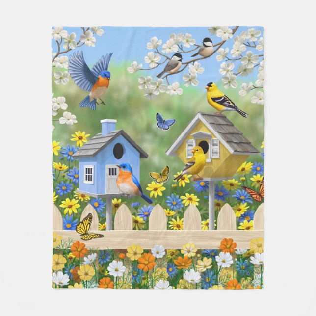 Bluebirds Goldfinches Birdhouse Blomsterträdgård Fleecefilt (Framsidan)