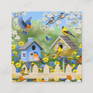 Bluebirds Goldfinches Birdhouse Blomsterträdgård Fyrkantigt Visitkort