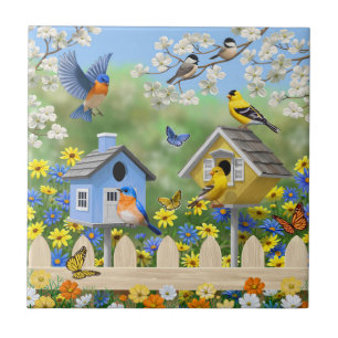 Bluebirds Goldfinches Birdhouse Blomsterträdgård Kakelplatta