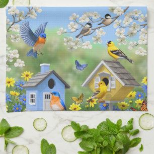 Bluebirds Goldfinches Birdhouse Blomsterträdgård Kökshandduk