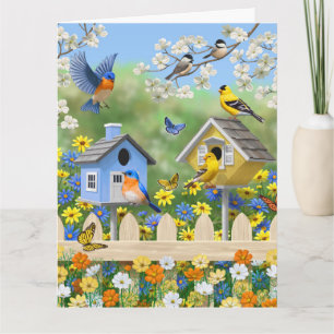 Bluebirds Goldfinches Birdhouse Blomsterträdgård Kort