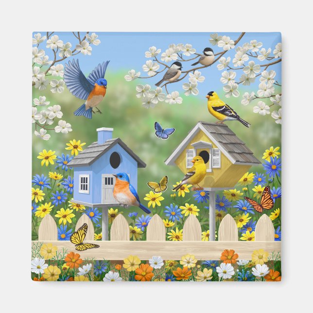 Bluebirds Goldfinches Birdhouse Blomsterträdgård Magnet (Framsidan)