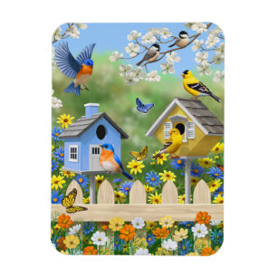 Bluebirds Goldfinches Birdhouse Blomsterträdgård Magnet