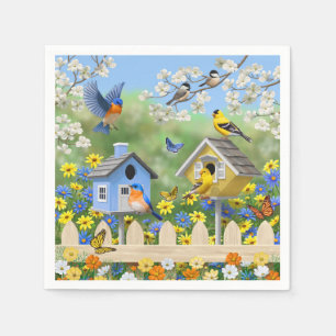Bluebirds Goldfinches Birdhouse Blomsterträdgård Pappersservett