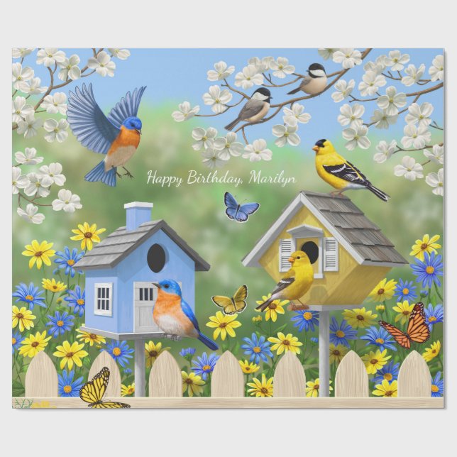 Bluebirds Goldfinches Birdhouse Blomsterträdgård Presentpapper (Platt)