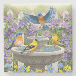 Bluebirds Goldfinches och Fontän Birdbadet Stenunderlägg
