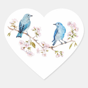 Bluebirds i bergsområdena vid Sakura Gren Hjärtformat Klistermärke