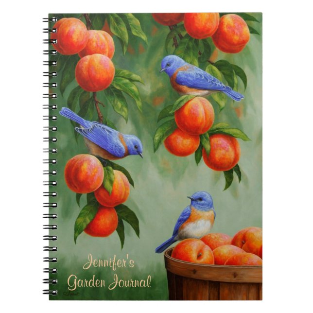Bluebirds i Peach Träd Orchard Anteckningsbok Med Spiral (Framsidan)