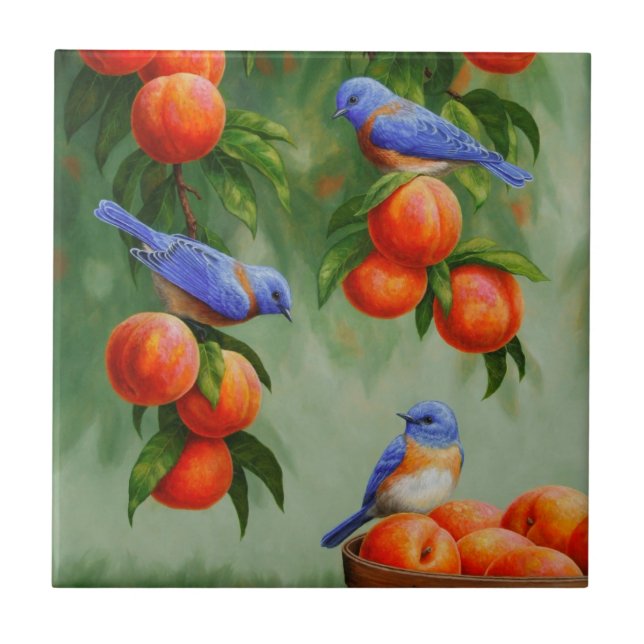 Bluebirds i Peach Träd Orchard Kakelplatta (Framsidan)