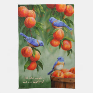 Bluebirds i Peach Träd Orchard Kökshandduk