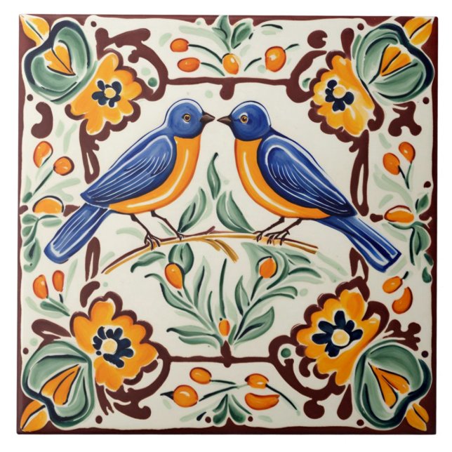 Bluebirds Mediterranean Blue Birds Folk Blommigt Kakelplatta (Framsidan)