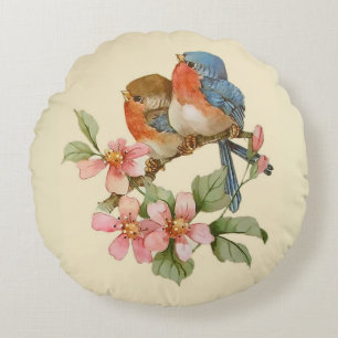 Bluebirds och Apple-Blommar Rund fyllning Kudde