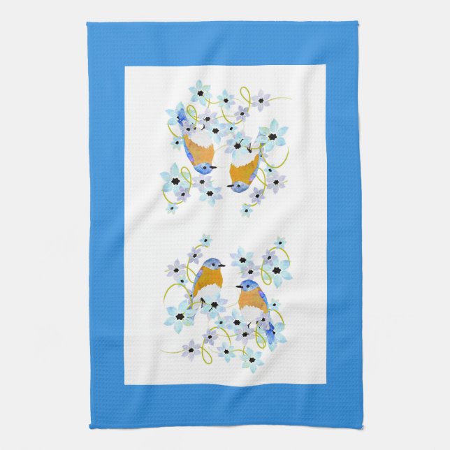 Bluebirds och blommor, vattenfärg Ta Towel Kökshandduk (Vertikal)