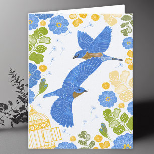 Bluebirds och Flowers Teckning Blank Card Tack Kort