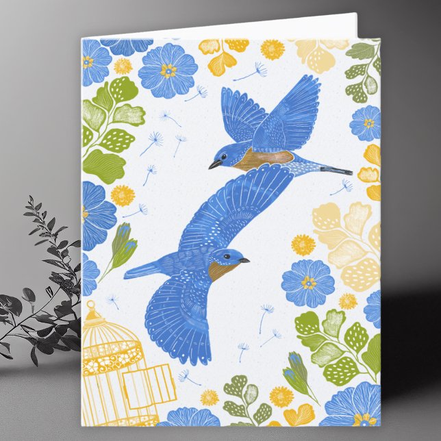 Bluebirds och Flowers Teckning Blank Card Tack Kort (Skapare uppladdad)