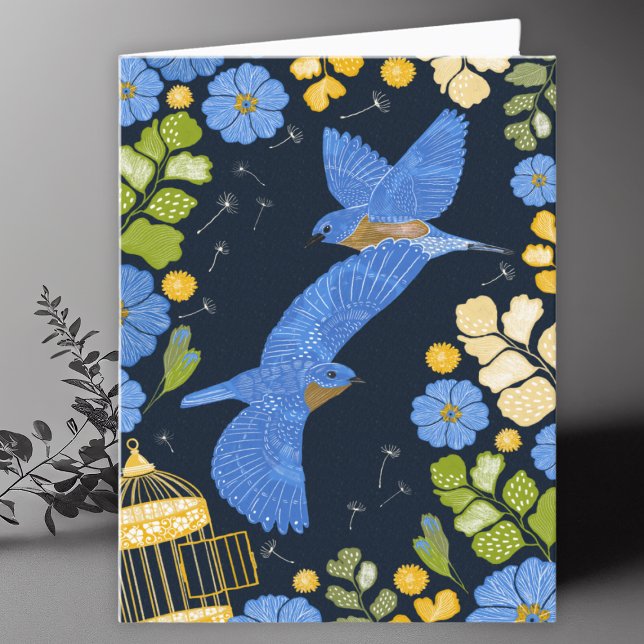Bluebirds och Flowers Teckning Blank Card Tack Kort (Skapare uppladdad)