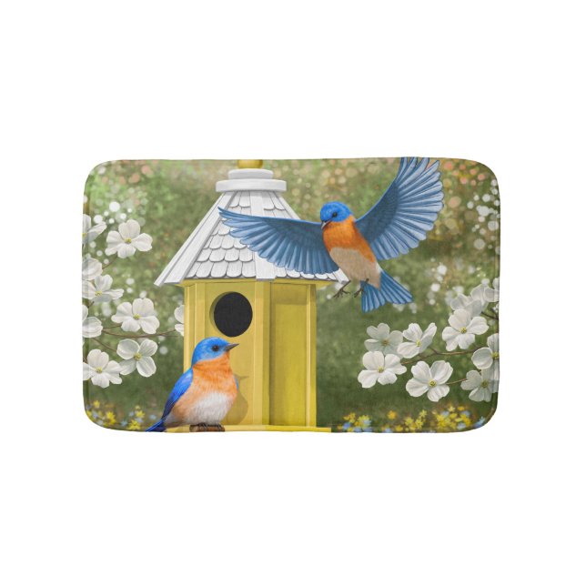 Bluebirds och Hexagon Birdhouse Blue Badrumsmatta (Framsidan)