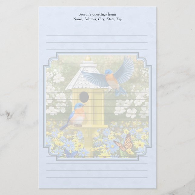 Bluebirds och Hexagon Birdhouse Blue Brevpapper (Framsida)