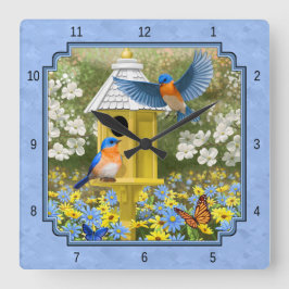 Bluebirds och Hexagon Birdhouse Blue Fyrkantig Klocka