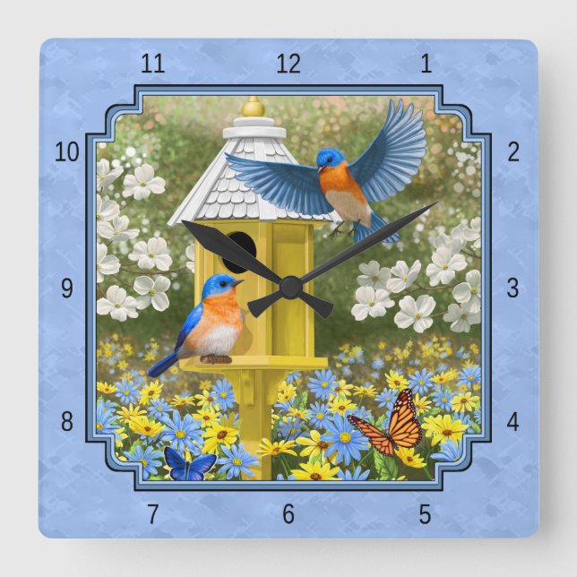 Bluebirds och Hexagon Birdhouse Blue Fyrkantig Klocka (Framsida)