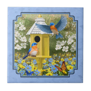 Bluebirds och Hexagon Birdhouse Blue Kakelplatta