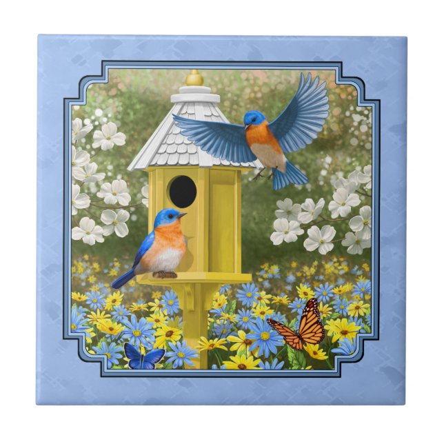 Bluebirds och Hexagon Birdhouse Blue Kakelplatta (Framsidan)