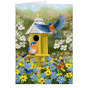 Bluebirds och Hexagon Birdhouse Blue OBS Kort