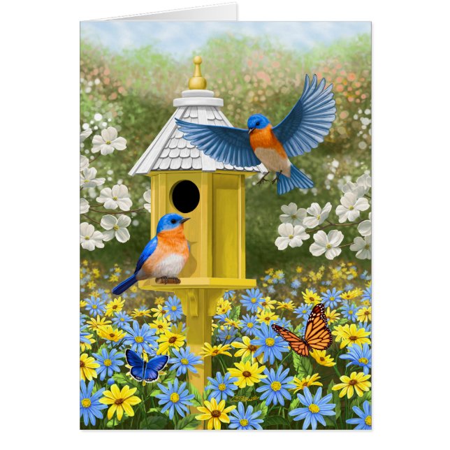 Bluebirds och Hexagon Birdhouse Blue OBS Kort (Framsidan)