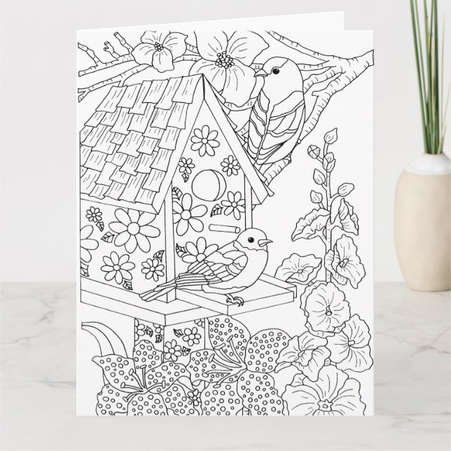 Bluebirds och Hollyhock Färg-it-Yourself Kort (Framsida)