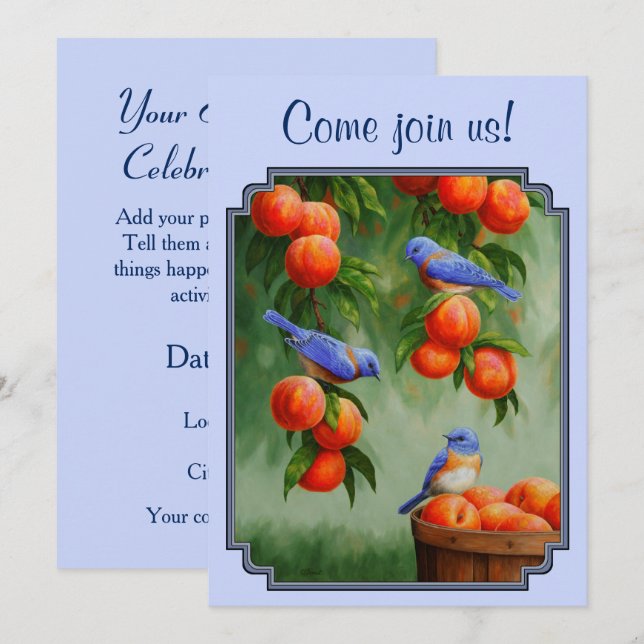 Bluebirds och persikor Blue Inbjudningar (Fram/baksida)