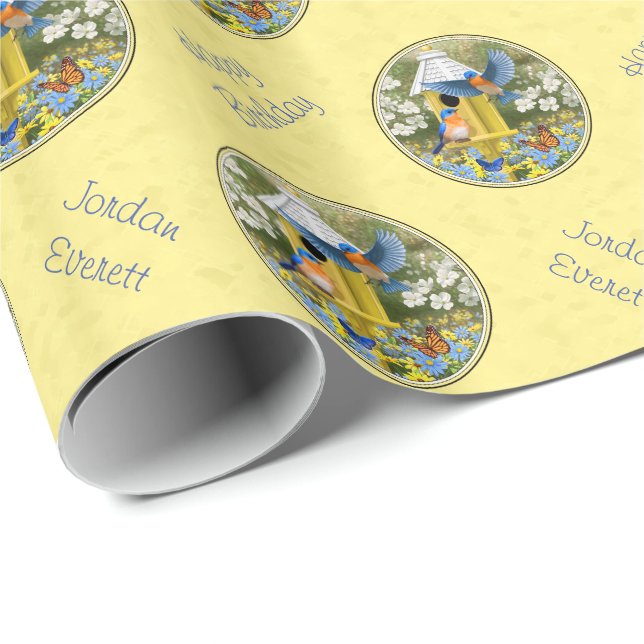 Bluebirds och Round Birdhouse-Gult Presentpapper (Rullad Hörn)