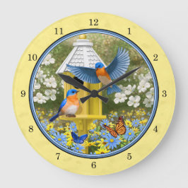 Bluebirds och Round Birdhouse-Gult Stor Klocka