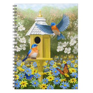Bluebirds och Tall Gult Birdhouse Anteckningsbok Med Spiral