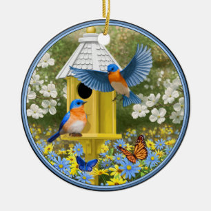 Bluebirds och Tall Gult Birdhouse Julgransprydnad Keramik
