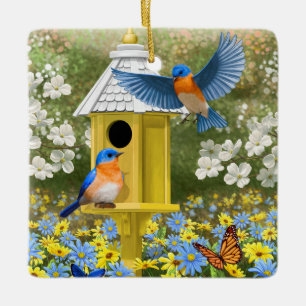 Bluebirds och Tall Gult Birdhouse Julgransprydnad Keramik