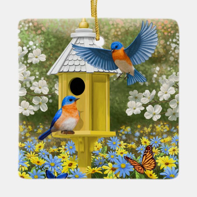 Bluebirds och Tall Gult Birdhouse Julgransprydnad Keramik (Framsida)