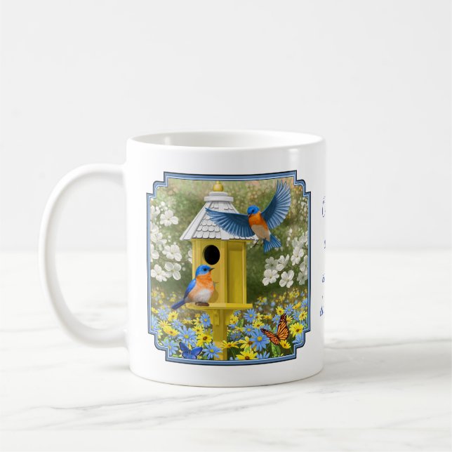 Bluebirds och Tall Gult Birdhouse Kaffemugg (Vänster)