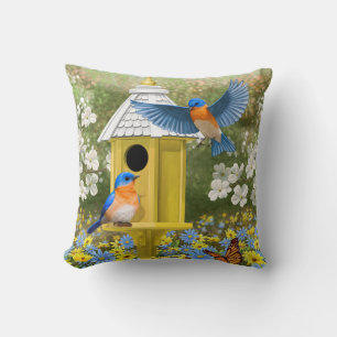 Bluebirds och Tall Gult Birdhouse Kudde