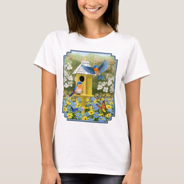 Bluebirds och Tall Gult Birdhouse Tee (Framsida)